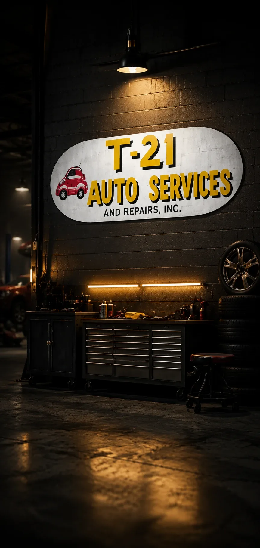 The T-21 Auto Services sign inside the shop